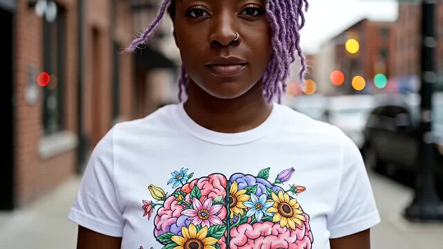 Empowering portrait of a young woman with purple dreadlocks and a floral brain t-shirt advocating youth mental health on International Youth Day in an urban setting.