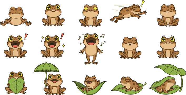 Cartoon vector illustration of expressive frogs in multiple poses with emotions, leaves, and playful character design elements