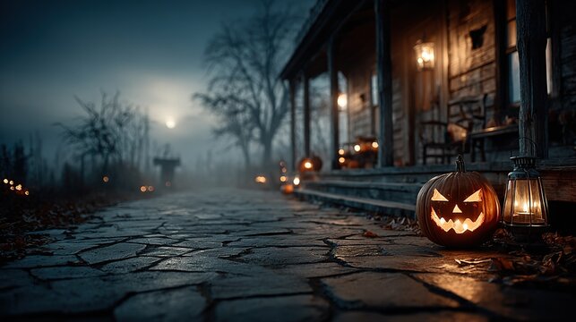Glowing carved pumpkin lanterns flickered with candlelight on the wooden porch, surrounded by mist and cobwebs, creating a dark and gloomy Halloween atmosphere with deep shadows.