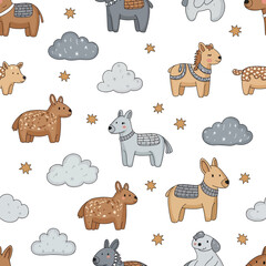 Fototapeta premium Whimsical illustration of various cartoon llamas and alpacas with clouds and stars on a white background in a playful pattern.