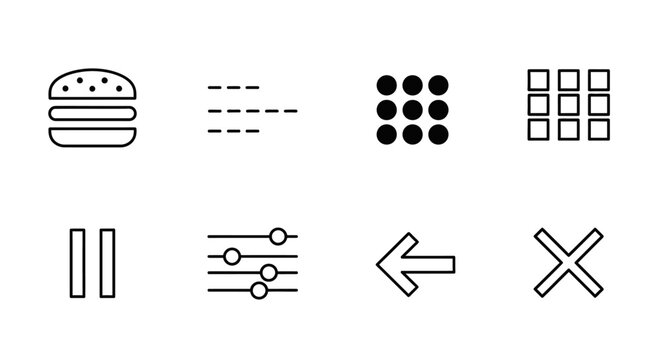 clean set of essential ui ux design icons for web and mobile interfaces representing menu navigation control and action functions.