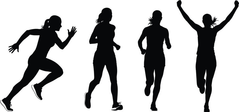 Running women silhouettes set featuring female athletes sprinting, jogging, and celebrating victory, sports fitness vector icons, active lifestyle marathon training,