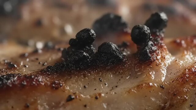 Close-up macro shot of grilled chicken or fish, with visible char marks and seasoning, showcasing texture and deliciousness