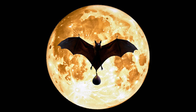 Moonlit Bat Silhouette Soaring Across Night Sky.