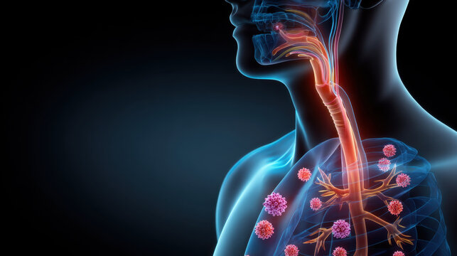 Inflamed upper respiratory tract and lungs with viral particles highlighting bronchial infection and coughing symptoms in human anatomy visualization