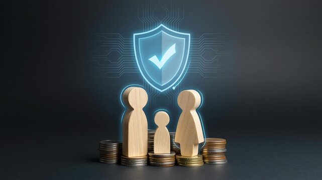 Family protection insurance coverage offers long term health care and finance security with wooden figures and shield icon symbolizing financial stability and secure care plans for loved ones