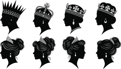 Set of elegant queen silhouettes with crowns and tiaras, royal princess profiles for luxury jewelry branding, wedding design and vector art, © Niheranjan