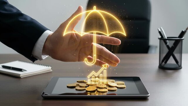 Financial protection for family health care insurance coverage with long term finance security using tablet symbol and golden umbrella for comprehensive business insurance coverage
