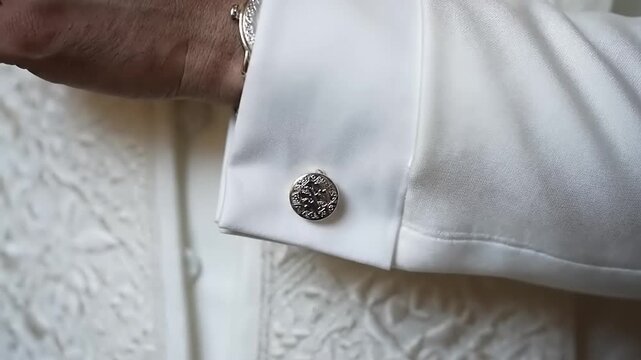 Elegant wedding attire details with ornate cufflinks accentuating formal menswear for a sophisticated celebration