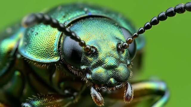 Extreme close-up macro photography of a vibrant green iridescent beetle showcasing intricate details of its exoskeleton and antennae against a soft green blurred background