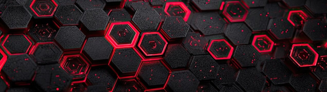 A geometric pattern of dark grey metallic hexagons with glowing red inner edges