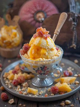 Helados de mango en bolas con galleta y trozos de fruta