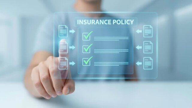 Insurance policy concept combining family protection health care coverage long term finance security peace of mind digital interface with person selecting coverage options and virtual checklist