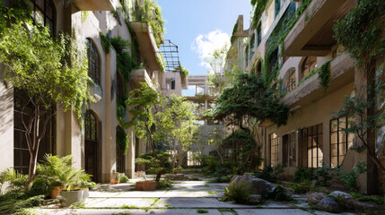 Fototapeta premium Lush courtyard green plant sunlight abandoned building overgrown peaceful serene nature