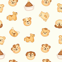 Obraz premium Digital illustration of a repeating pattern featuring cartoon bears and dogs with bowls of food on a cream-colored background with a playful and whimsical mood.