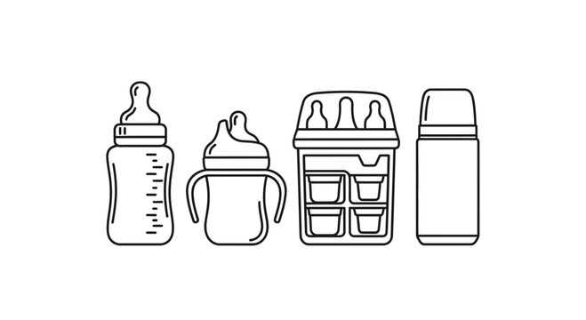 Baby feeding essentials: bottle, sippy cup, sterilizer, and thermos icon set