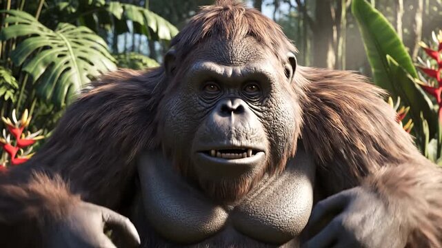 Large gorilla in a jungle setting.