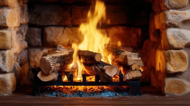 Cozy fireplace with crackling flames on burning logs