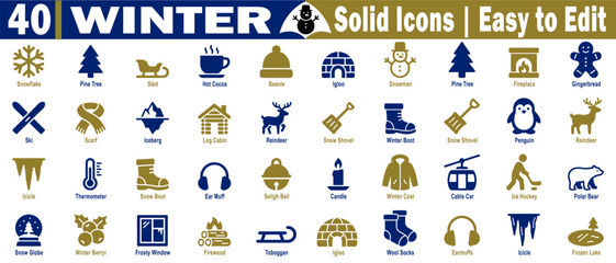 Fototapeta premium Winter solid icons. Featuring diverse seasonal graphics like warm clothing and snowy weather elements on a transparent background, a vector illustration.