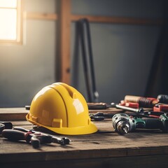 Fototapeta premium Labor day safety essentials hard hat and tools on workbench