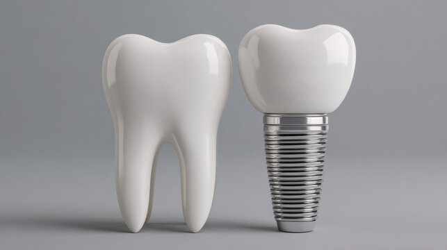 Natural tooth and dental implant model displayed side by side, close up on prosthetic crown and metal implant screw illustrating oral restoration and dental care