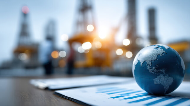 Global energy industry concept with oil platform and wind turbine report showing market data and environmental transition optimism