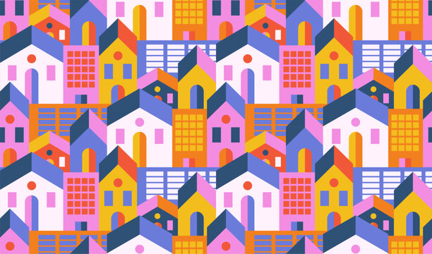 Colorful abstract houses pattern with geometric shapes