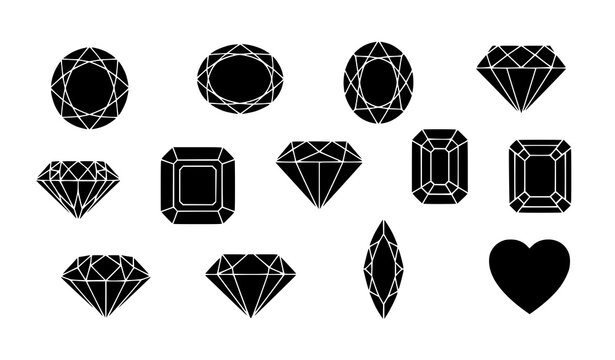 Luxury diamond shapes silhouette vector collection jewelry gem icon set