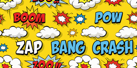 Colorful comic book explosion words and shapes on a yellow background © KrishnaPada