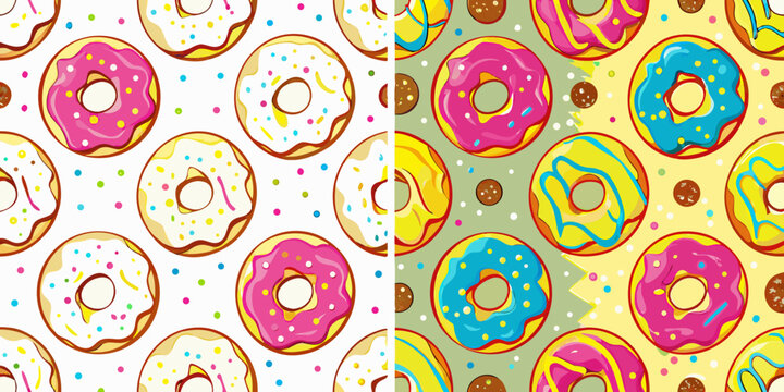 Colorful donut pattern with various icing and sprinkle designs