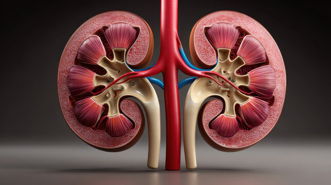 Human kidney cross section showing cortex medulla renal pelvis artery vein and ureter in anatomical detail with realistic texture and clinical clarity