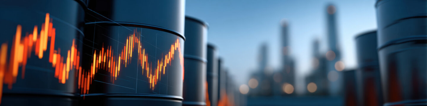Crude oil barrels with glowing stock chart overlay and industrial storage tanks in shallow depth of field conveying energy market volatility and industrial infrastructure