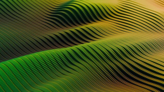 Seamless loop background with green and orange 3D waves field made of repeating stripes and ridges. Animated abstract art screensaver with smooth motion of morphing geometric surface. Looped 4K 60fps