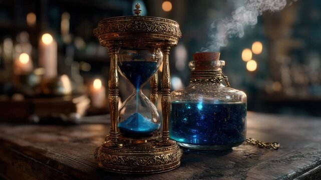 Mysterious ancient hourglass and magical potion bottle on wooden table