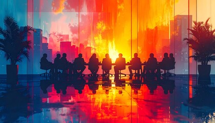 Fototapeta premium Silhouetted figures in a conference room face a vibrant sunset, reflected across the glossy floor and window. Skyscrapers frame the bright sky