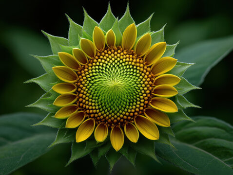 Sunflower spiral geometry pattern green yellow petals concentric seedhead