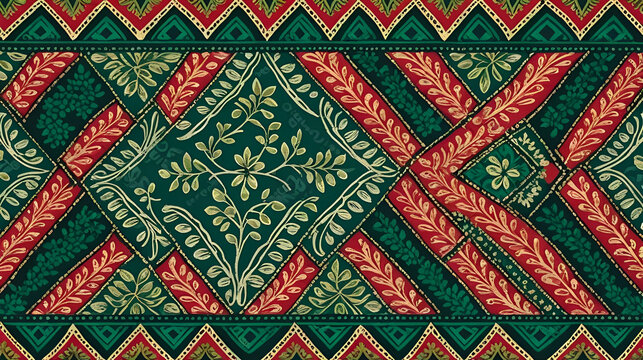 Traditional indonesian batik parang pattern with floral and geometric motifs in green and red