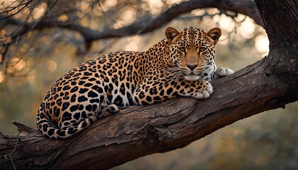 Naklejka premium Leopard Resting on Tree Branch During Golden Hour with Soft Natural Light