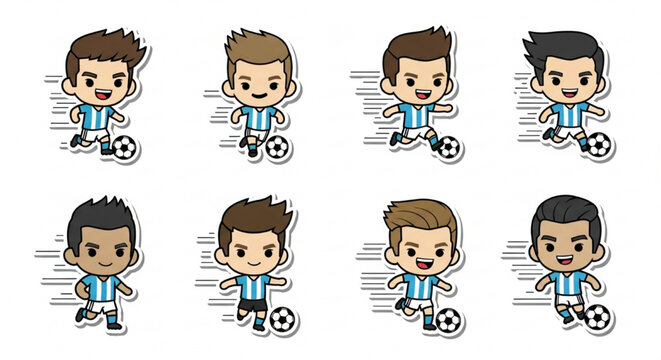 Set of Cartoon Soccer Player Characters Dribbling Football Stickers