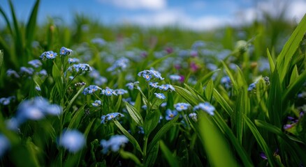 Obraz premium Forget-Me-Nots in Lush Green Meadow, Springtime Bloom.
