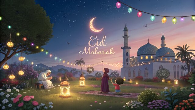 Eid Mubarak Night Illustration with Happy Muslim Kids and Crescent Moon