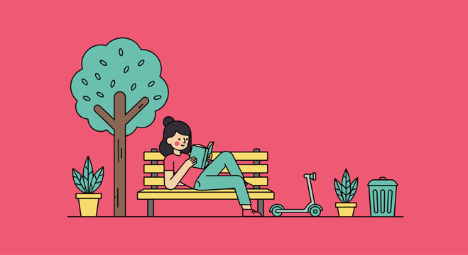 Woman reading book while relaxing on park bench outdoor