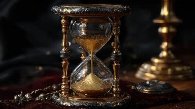 Elegant golden hourglass on ornate stand with sand flowing