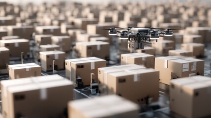 Fototapeta premium Drone delivery action over warehouse urban setting technology concept aerial view of packed boxes