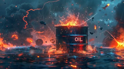Geopolitical energy crisis rising oil prices amidst conflict with explosive imagery and tension