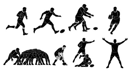Obraz premium Set of Rugby Player Silhouettes in Various Action Poses Including Running, Kicking, Scrumming, and Tackling. High-Contrast Vector Illustration for Sport Design.