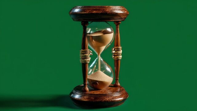 Vintage wooden hourglass with flowing sand on green background