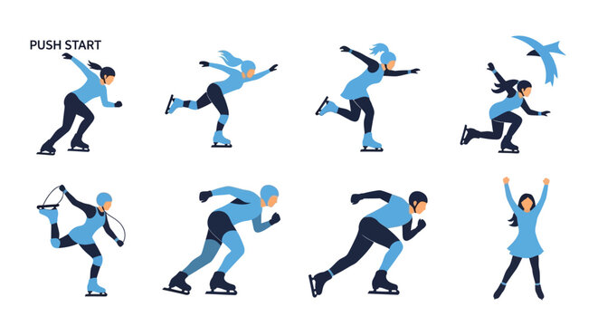 Set of flat vector illustrations featuring male and female ice skaters in dynamic action poses, from speed skating to figure skating, on a plain white background