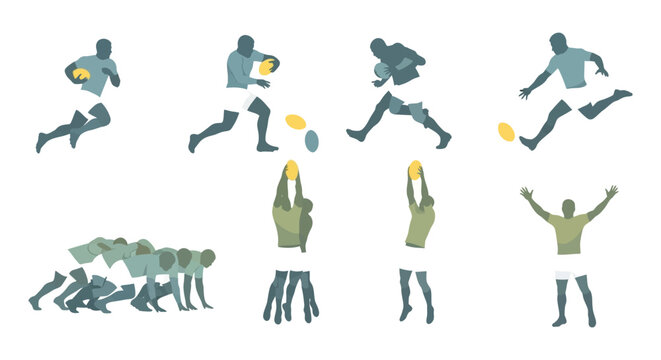 Minimalist vector silhouettes of rugby players in dynamic action poses including running passing kicking scrumming and celebrating on a plain white background.