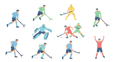 Fototapeta premium Flat Vector Illustrations Set of Field Hockey Players in Action Poses, Including Goalie, Dribbling, Hitting, and Celebrating Athletes for Sports Design Projects.
